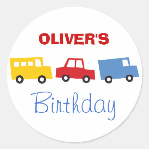 Birthday Boy Toys Colourful Cars Trains Bus Trucks Classic Round Sticker