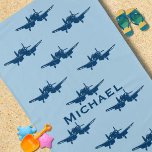 Birthday Boy Vintage Aeroplane Corsair Blue Beach Towel