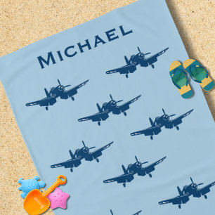 Birthday Boy Vintage Aeroplane Corsair Blue Beach Towel