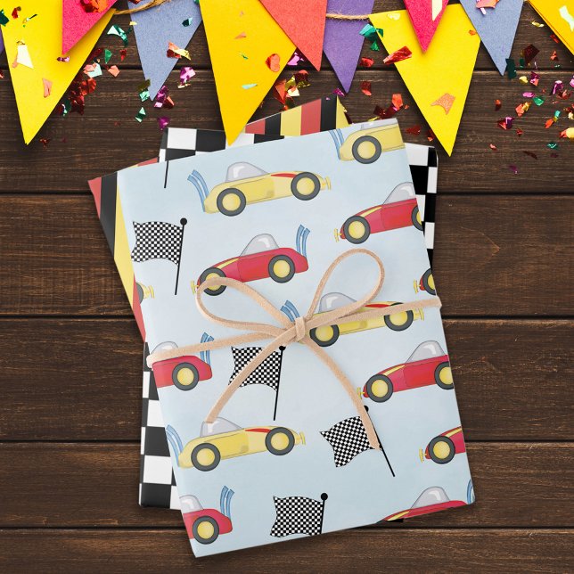 Birthday Boy Whimsical Race Cars Cute Pattern Wrapping Paper Sheet (Creator Uploaded)