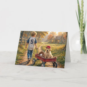 Birthday Boy with a Red Wagon and Puppy Card
