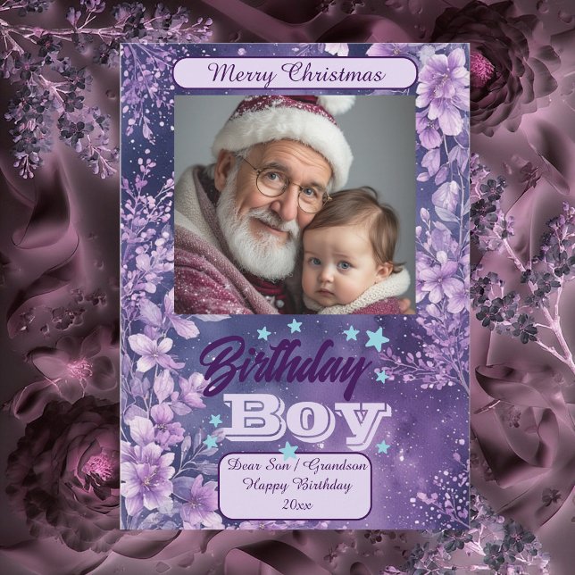Birthday Boy's Christmas Purple Floral Watercolor  Holiday Card (Birthday Boy's Christmas Purple Floral Watercolor Holiday Card)