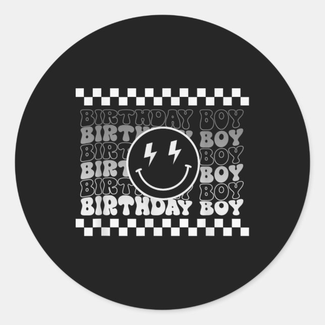 Birthday Boys Groovy Smile Face Chequered Birthday Classic Round Sticker (Front)