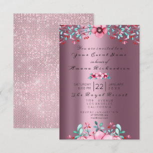 Birthday Bridal Floral Bohemian Eggplant Sparkly Invitation