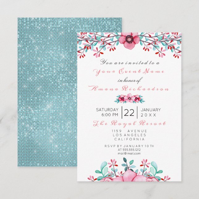 Birthday Bridal Floral Pink Bohemian Sparkly Aqua Invitation (Front/Back)