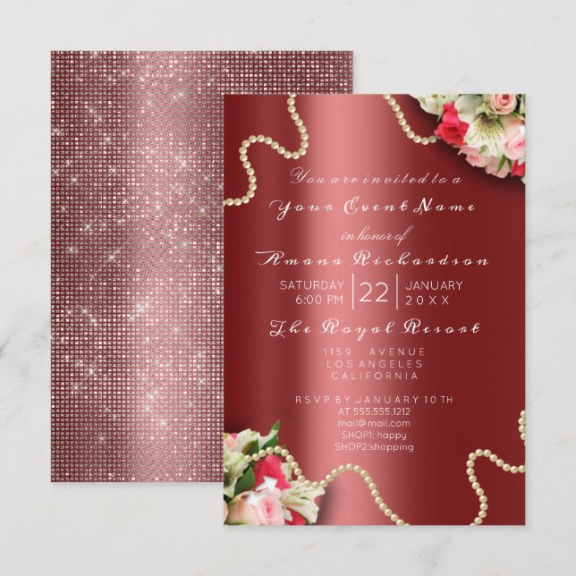 Birthday Bridal  Floral Pink Roses Burgundy Pearls Invitation (Front/Back)
