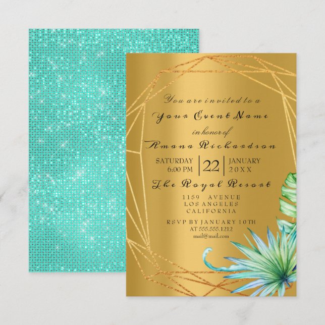 Birthday Bridal Palm Mint Aqua Tropic Monstera Gol Invitation (Front/Back)