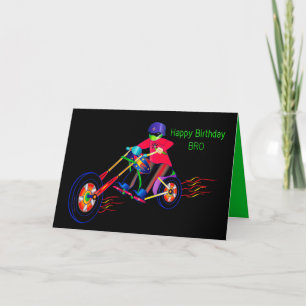 Birthday, BRO, Colourful Man Riding Motorcycle Car Card