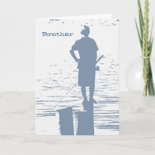 Birthday, brother, boy fishing from stump. card