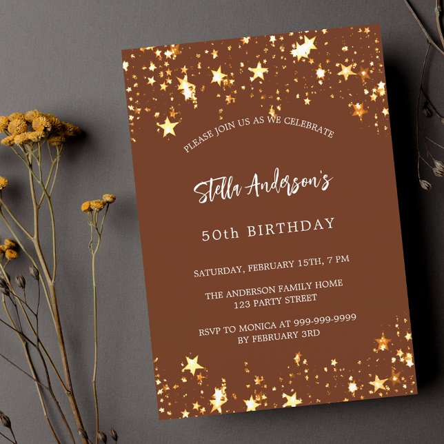 Birthday brown gold stars invitation (Creator Uploaded)