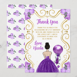 Birthday Brown Hair Princess Purple Happy Birthday Thank You Card