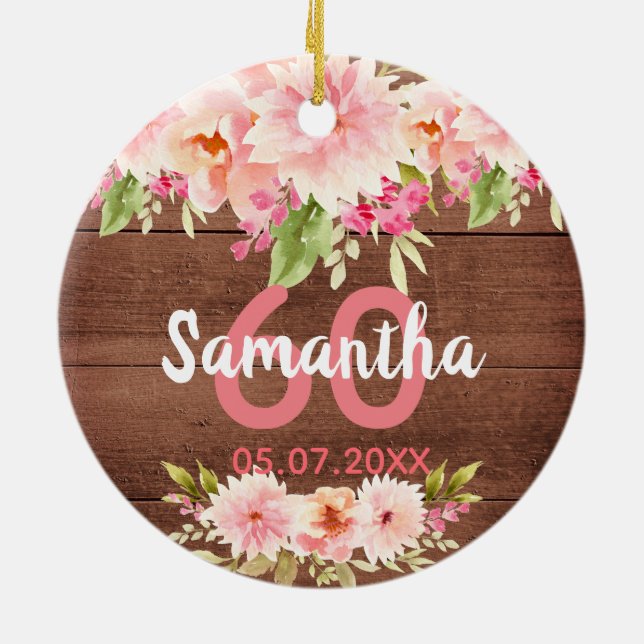 Birthday brown wood blush florals name ceramic tree decoration (Back)