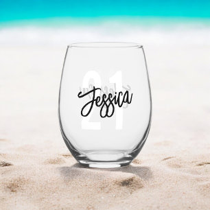 Birthday Brush Script Modern Stemless Wine Glass