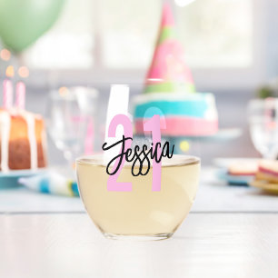 Birthday Brush Script Modern Stemless Wine Glass