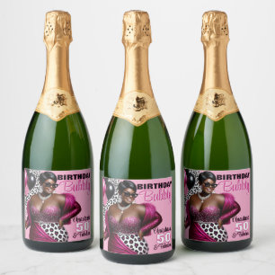 Birthday Bubbly Ethnic Woman Pink/Leopard Print Sparkling Wine Label