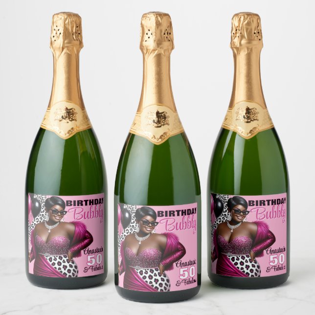 Birthday Bubbly Ethnic Woman Pink/Leopard Print  Sparkling Wine Label (Bottles)