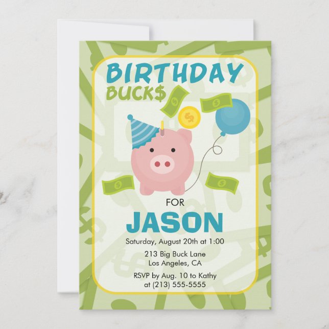 Birthday Bucks Piggy Bank Boy Party Invitation (Front)