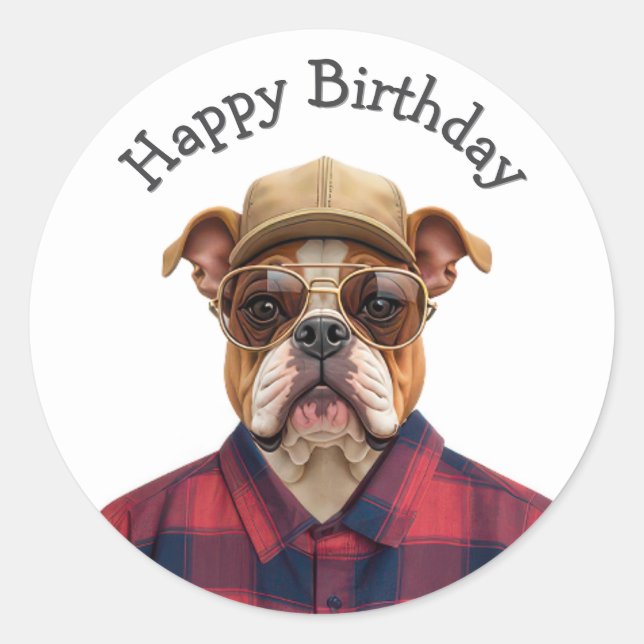 Birthday Bulldog Humour Classic Round Sticker (Front)