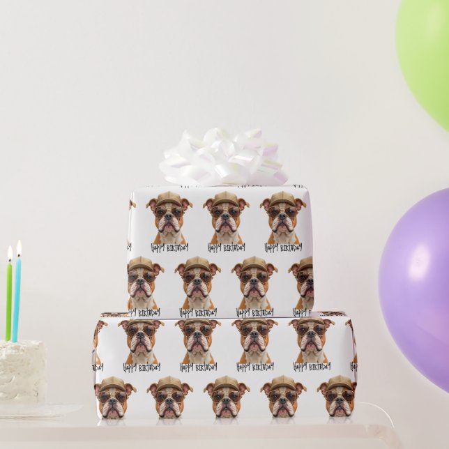 Birthday Bulldog Wearing a Cap and Sunglasses Wrapping Paper (Party Gifts)