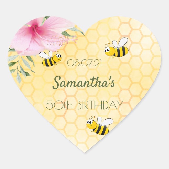 Birthday bumble bees honeycomb monogram heart sticker (Front)
