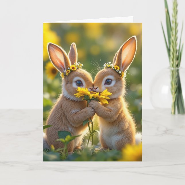 Birthday Bunny Friends Smelling a Yellow Sunflower Card (Front)
