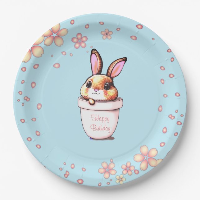 Birthday Bunny Plant Pot & Flowers on Light Blue Paper Plate (Front)