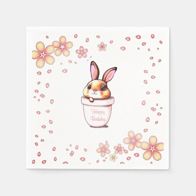 Birthday Bunny Plant Pot & Flowers on White Napkin (Front)