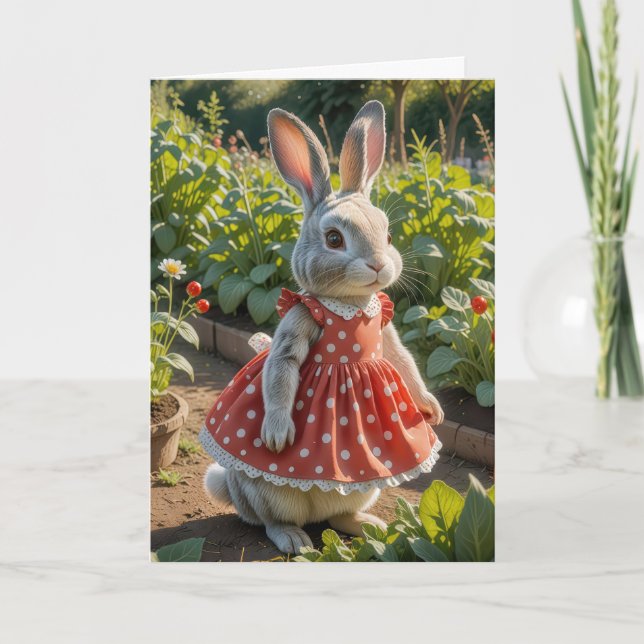 Birthday Bunny Wearing a Dress in Tomato Garden Card (Front)