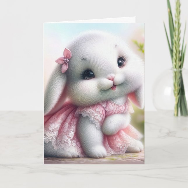 Birthday Bunny Wearing Pink Lace Dress Card (Front)