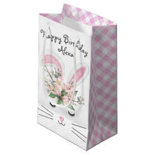 Birthday Bunny with Flowers and Gingham Small Gift Bag