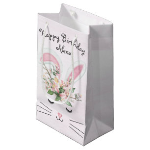 Birthday Bunny with Flowers On Pink Small Gift Bag