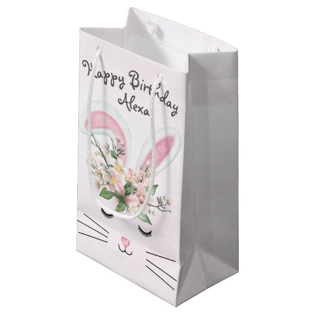 Birthday Bunny with Flowers On Pink Small Gift Bag (Front Angled)