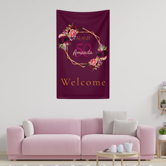 Birthday burgundy floral geometric welcome banner (Creator Uploaded)