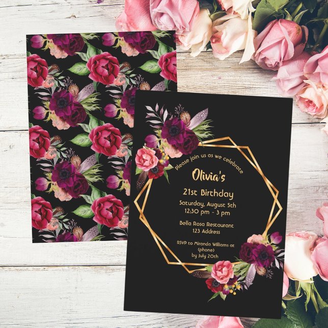 Birthday burgundy floral gold geometric black invitation (Creator Uploaded)