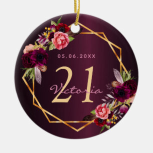 Birthday burgundy florals gold geometric ceramic tree decoration
