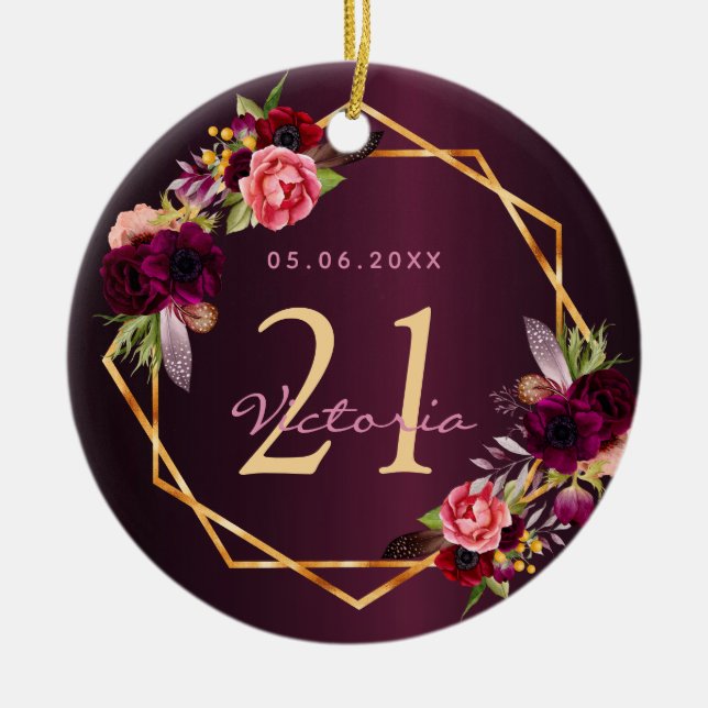 Birthday burgundy florals gold geometric ceramic tree decoration (Front)