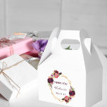 Birthday burgundy florals gold geometric white favour box<br><div class="desc">Front and back: A chic white background with a faux gold geometric frame. Decorated with dark purple and burgundy flowers, roses and boho style feathers. Burgundy hand lettered style script and the text: Thank You, templates for a name and a date. Perfect for a Birthday Party, Bridal Shower or Baby...</div>