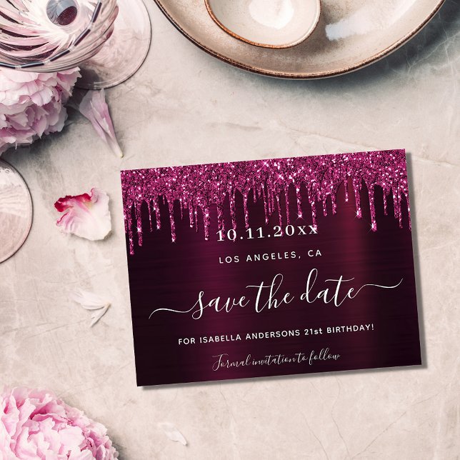 Birthday burgundy glitter budget save the date flyer (Creator Uploaded)