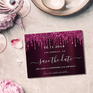 Birthday burgundy glitter drips save the date announcement postcard