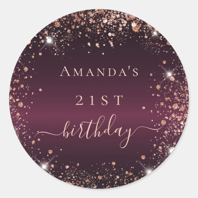 Birthday burgundy glitter dust name script classic round sticker (Front)