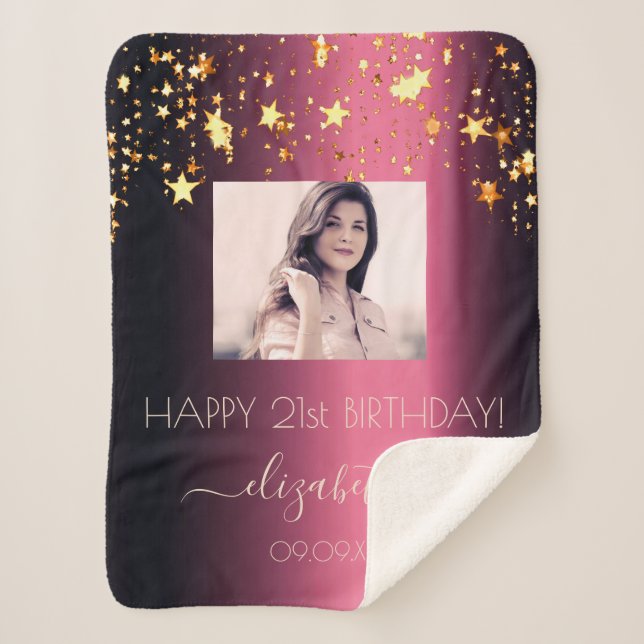 Birthday burgundy gold stars pink photo sherpa blanket (Front)