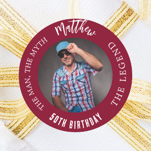Birthday burgundy photo man myth legend classic round sticker