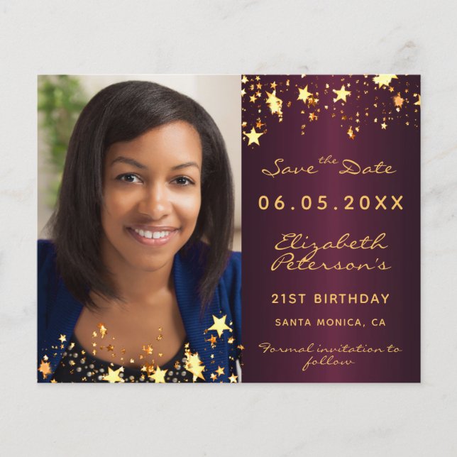 Birthday burgundy photo Save the Date card (Front)