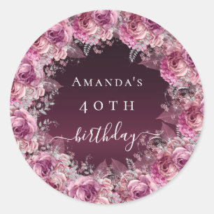 Birthday burgundy pink floral name script classic round sticker
