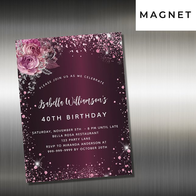 Birthday burgundy pink florals glitter luxury magnetic invitation (Creator Uploaded)