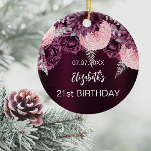 Birthday burgundy pink flowers name ceramic tree decoration
