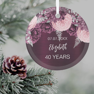 Birthday burgundy pink flowers name glass tree decoration