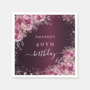 Birthday burgundy pink flowers name script napkin