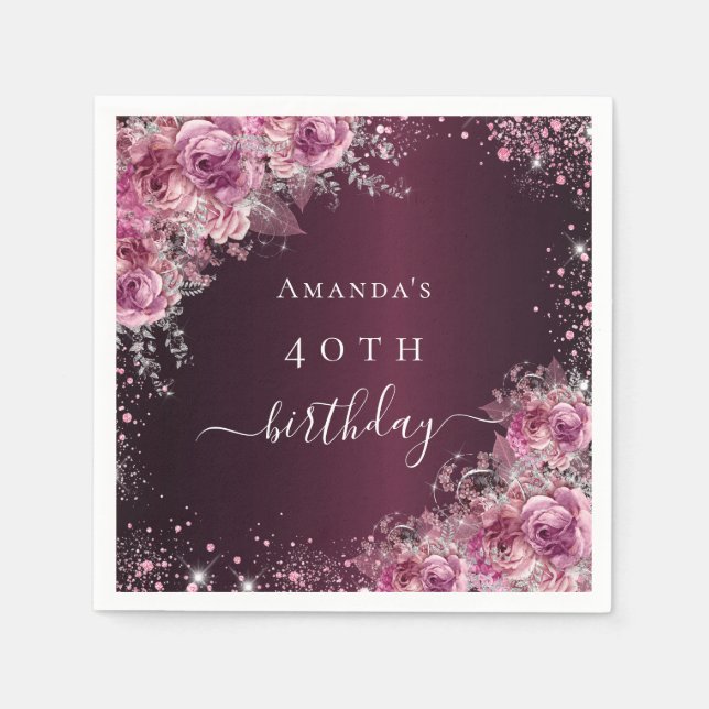 Birthday burgundy pink flowers name script napkin (Front)