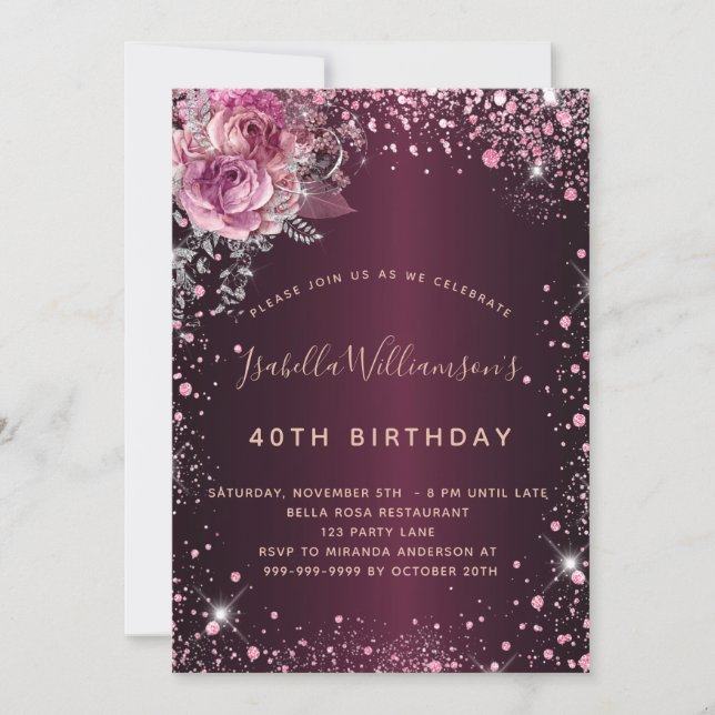 Birthday burgundy pink glitter dust floral  invitation (Front)